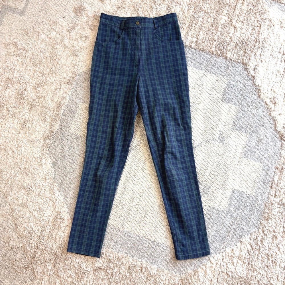 Vintage Yessica High Waisted Plaid Trousers Green Navy Blue Slim Leg Pants Sz 38